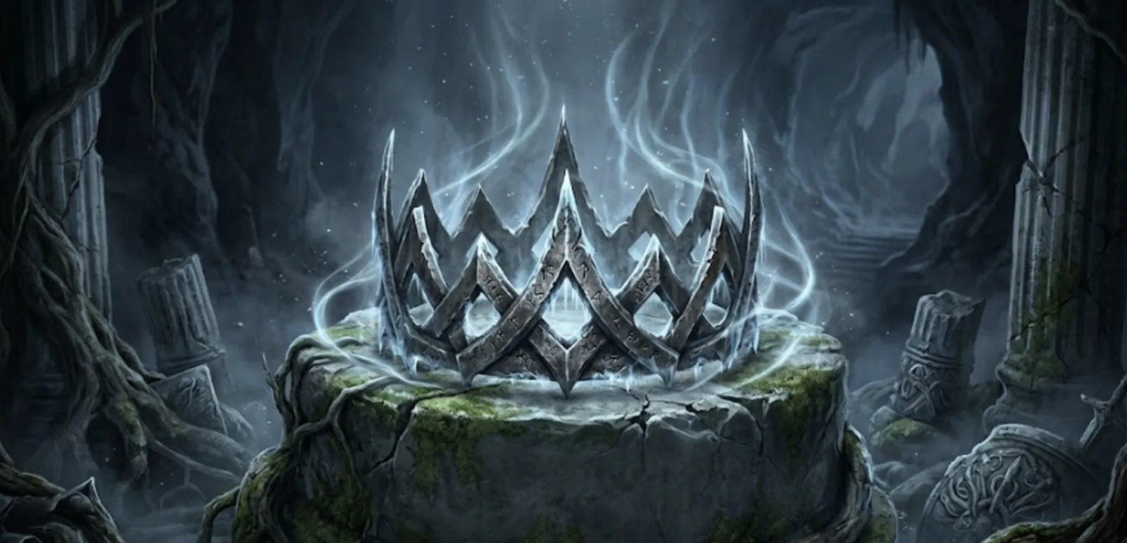 The Crown of Prythian — a twisted crown of dark metal set with a pale gemstone that pulses with cold light, beautiful and deeply sinister.